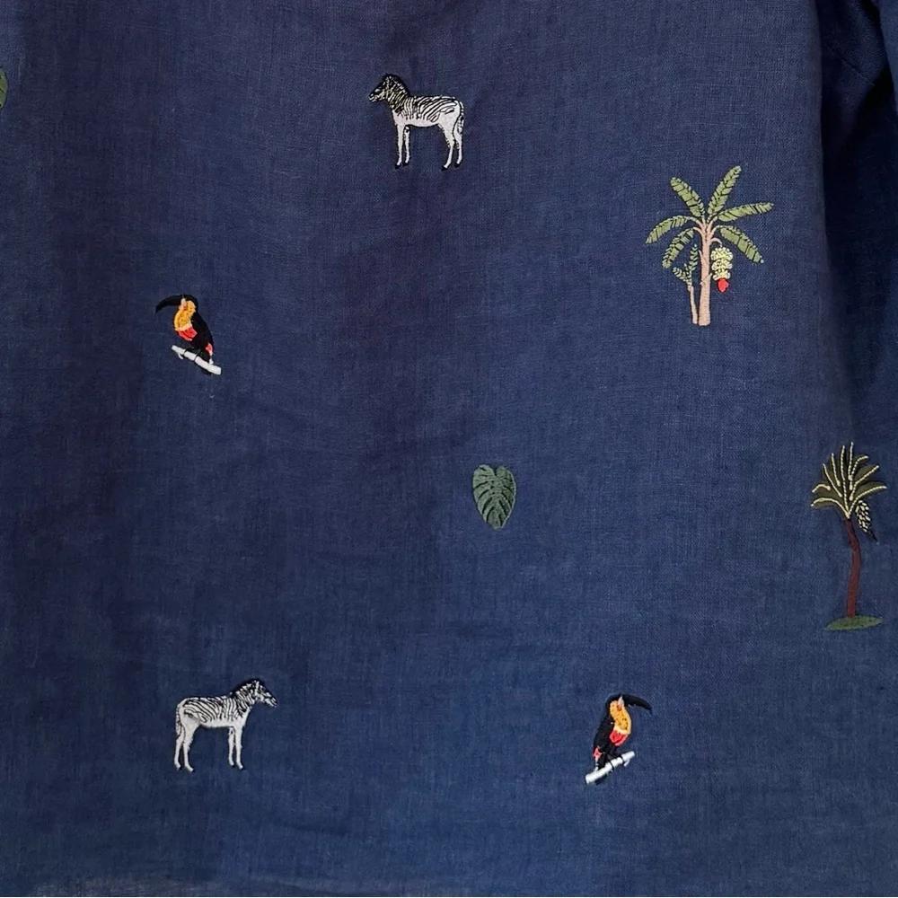 Vilagallo Navy Linen Embroidered Tropical Blouse with Toucan & Palm Motifs Sz 12 - Picture 5 of 13